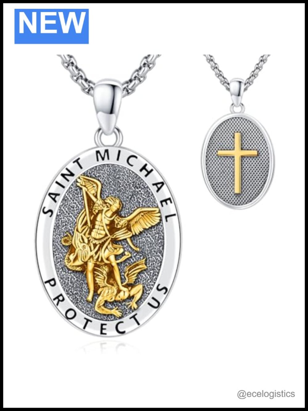925 Sterling Silver Saint Michael Medal Necklace Gold Plated Box Chain